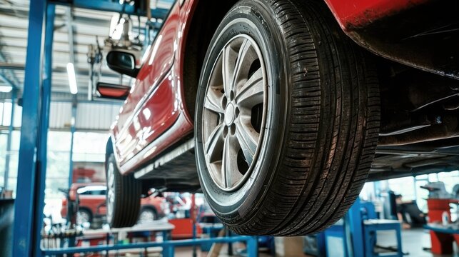 A close-up shot of a car wheel suspended in a garage, offering a vivid display of automotive upkeep and the dynamic world of auto repair.