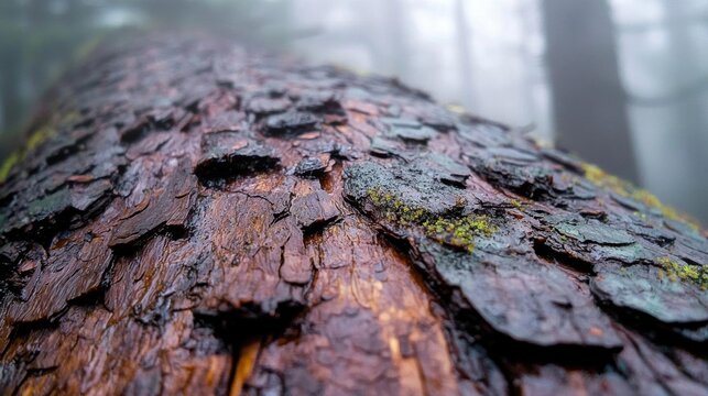 Close-up of a tree trunk in a forest. the bark of the tree is rough and textured, with deep grooves and cracks running through it.