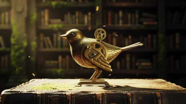 Golden Mechanical Bird Figurine with Exposed Gears and Cogs on an Old Mossy Book in a Vintage Library