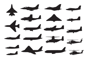 Obraz premium Collection of silhouette aircraft illustrations including fighter jets, drones, and helicopters