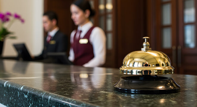Hotel Reception: Golden Bell and Attentive Staff