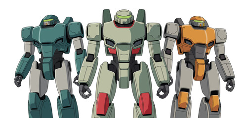 Three Armored Robots in Different Colors Posing Together