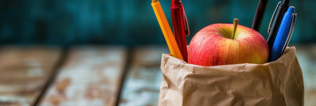 Back To School Lunch. Brown Bag Lunch with Fresh Apple and Stationery Supplies - Powered by Adobe