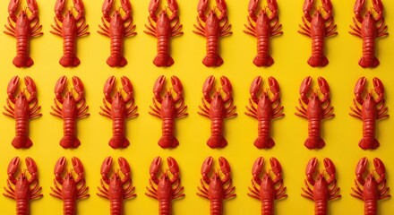 Obraz premium Colorful Lobster Figurines Pattern on Bright Yellow Background
