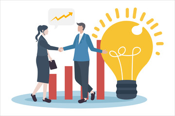 Business collaboration and innovation represented with handshake and light bulb. Vector illustration