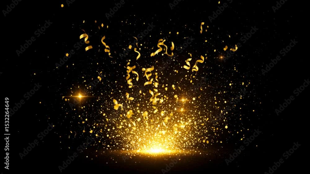 Poster golden confetti exploding with sparkles on black background slow motion