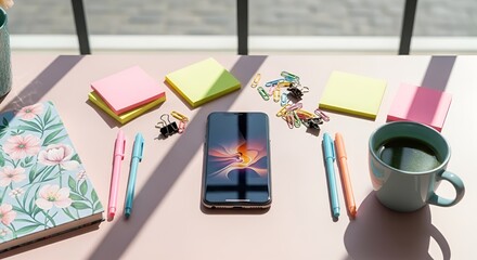 Organized workspace with stationery  phone  and coffee for productivity and creativity