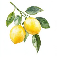 Hand-painted watercolor of two ripe lemons with green leaves on a white background, ideal for food, kitchen, or botanical themes