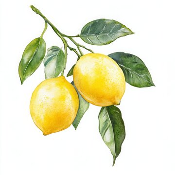 Hand-painted watercolor of two ripe lemons with green leaves on a white background, ideal for food, kitchen, or botanical themes