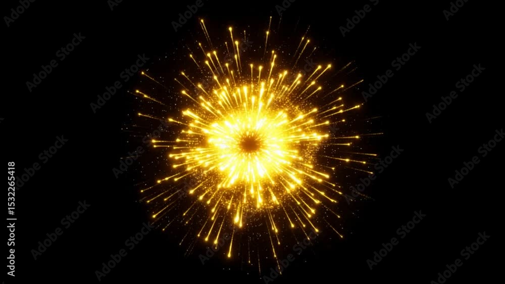 Poster glowing golden particles exploding outward in circular motion on black