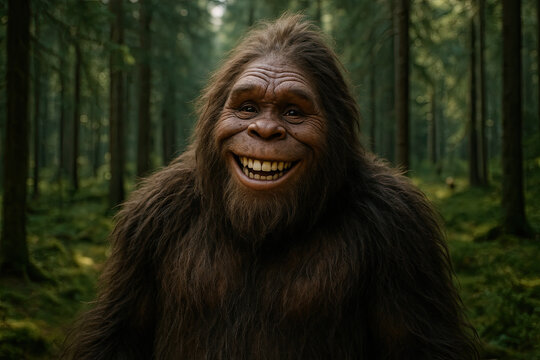 Smiling Bigfoot Portrait in Sun-Dappled Evergreen Forest