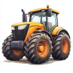 Colorful and detailed cartoon illustration of a large orange tractor with oversized tires, ideal for farming, agriculture, or kids' designs
