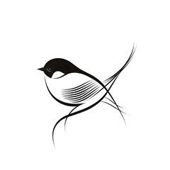 Elegant black and white line art of a small bird with flowing, abstract curves, symbolizing freedom, grace, and simplicity