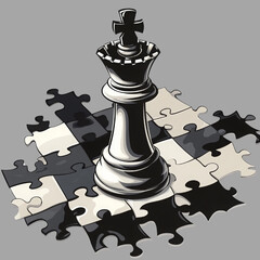 Illustration of a black and white chess queen standing on a puzzle-piece chessboard, symbolizing strategy, intellect, and complexity