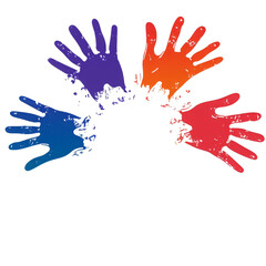 Vibrant red, orange, purple, and blue handprints arranged in a semi-circle, symbolizing unity, creativity, and diversity