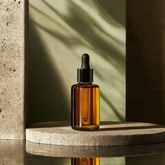 Amber dropper bottle with black cap placed on stone surface, ideal for skincare serum or essential oils, in natural lighting