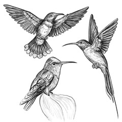 Hand-drawn birds colibri sketch png. Pencil drawing of various birds in vintage engraved style. Perfect for nature-themed designs, educational materials, posters, vintage packaging, and more. Isolated