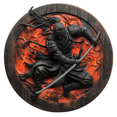 Intricate wooden carving of a samurai warrior holding a sword, set against fiery background in circular frame with dramatic detail