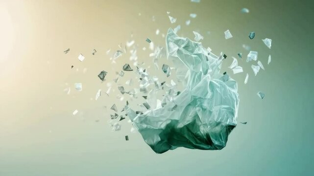 The transparent plastic bag decomposes into pieces, highlighting environmental issues.
