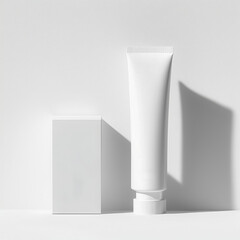 Blank cosmetic tube and rectangular box displayed with clean shadows, ideal for skincare product mockups and branding presentations