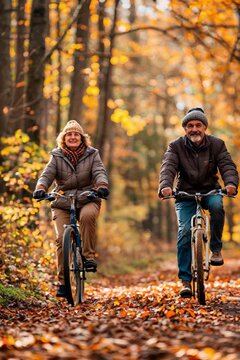 Elderly couple cycling on a lonely road in autumn