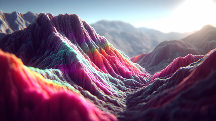 terrain made from chaotic texture patches in a kaleidoscope of colors