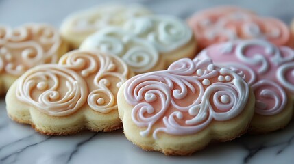 Fototapeta premium Close-up of decorated cookies. Pastel-colored iced cookies with intricate swirls