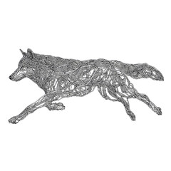 Intricate Line Art of a Running Wolf, Nature
