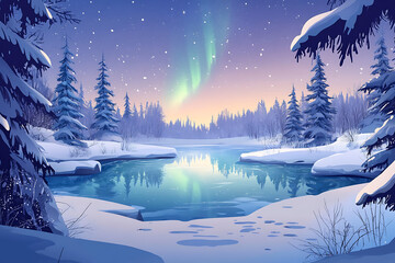 Tranquil winter landscape with northern lights reflecting on a serene frozen lake at dusk