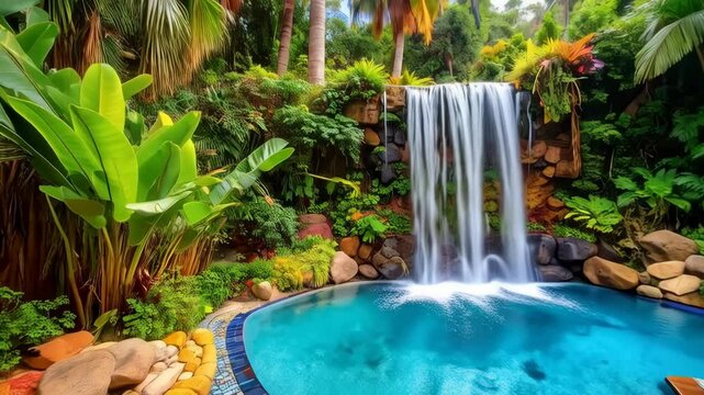 Relaxing turquoise pool surrounded by tropical plants with waterfall in a secluded, paradisiacal garden setting