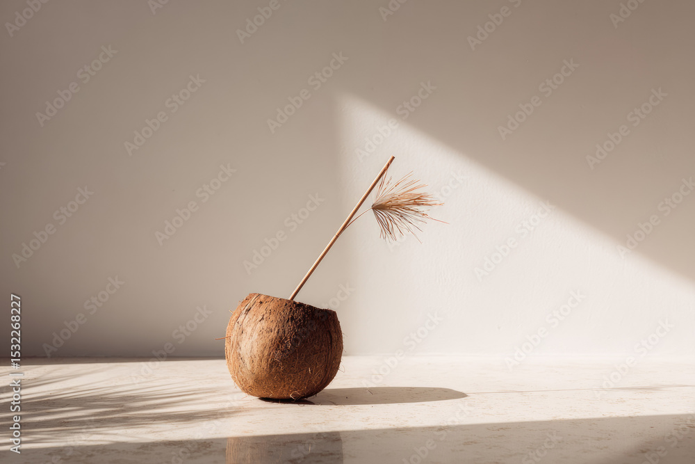 Poster minimalist coconut shell with straw sits on neutral table, casting soft shadow. simple composition a