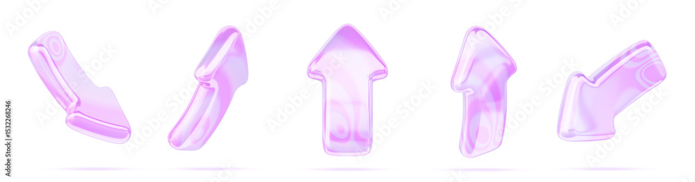 Poster glass holographic y2k arrow cursor icon. render 3d set of purple pink direction pointer with liquid 