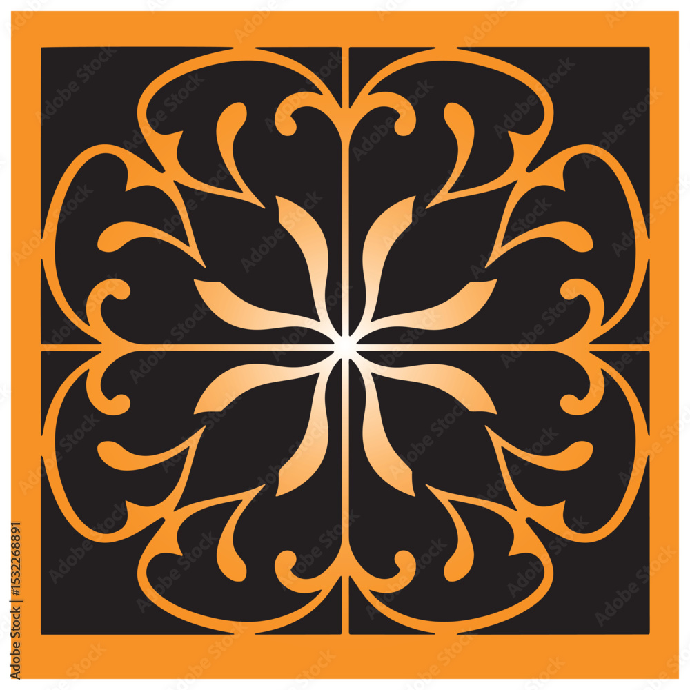 Poster elegant floral pattern in orange and black color scheme creates a symmetrical design element
