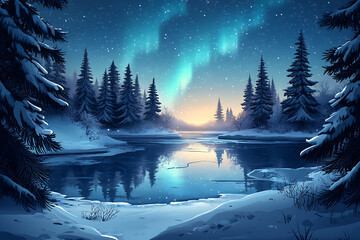 Serene winter landscape featuring a frozen river and snow-covered trees under auroras