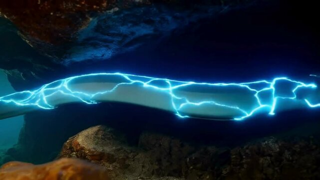 Fantasy concept of an electric eel with blue lightning in its underwater habitat.
