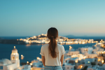 An asian woman standing with Santorini's view in front of her.	