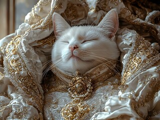 Sleeping White Cat in Elegant Gold and White Dress