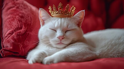 Regal White Cat with Golden Crown