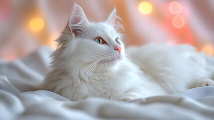 Serene White Cat with Green Eyes on Bed