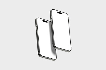 Two modern smartphones with blank white screens on a light gray background. Clean and minimal design, perfect for tech or app mockups.
