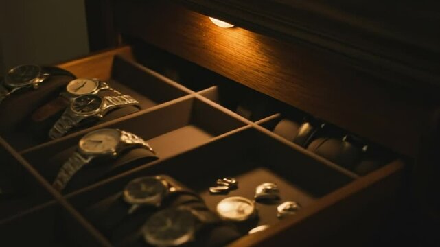 Gleaming watches nestled in a wooden box