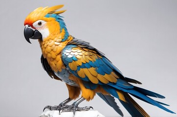 Fototapeta premium Colorful parrot with vibrant yellow, blue, and orange feathers, perched on a stand against a neutral background