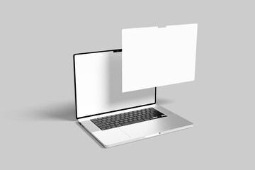 Silver laptop with black keyboard and blank white screen, shown from an angled top view with a floating blank screen. Perfect for tech and design mockups.