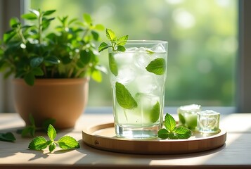 Fresh green mint leaves in a glass of cold water, perfect for a healthy drink or mojito.