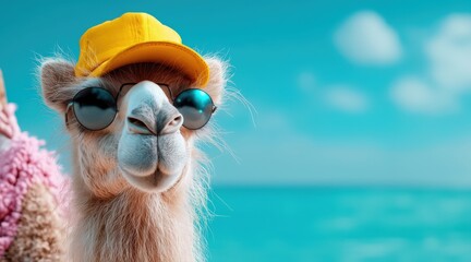 Cooles Kamel mit Sonnenbrille und Cap am Strand 