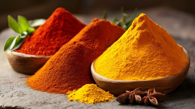 Colorful spice powders piled high in wooden bowls. - Powered by Adobe