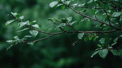 Close-up of a branch of a tree with green leaves. the branch is covered in small droplets of water, glistening in the light. the leaves are a vibrant green color and appear to be fresh and healthy.