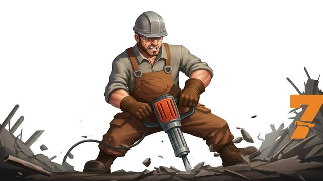 Construction worker demolishing concrete with jackhammer