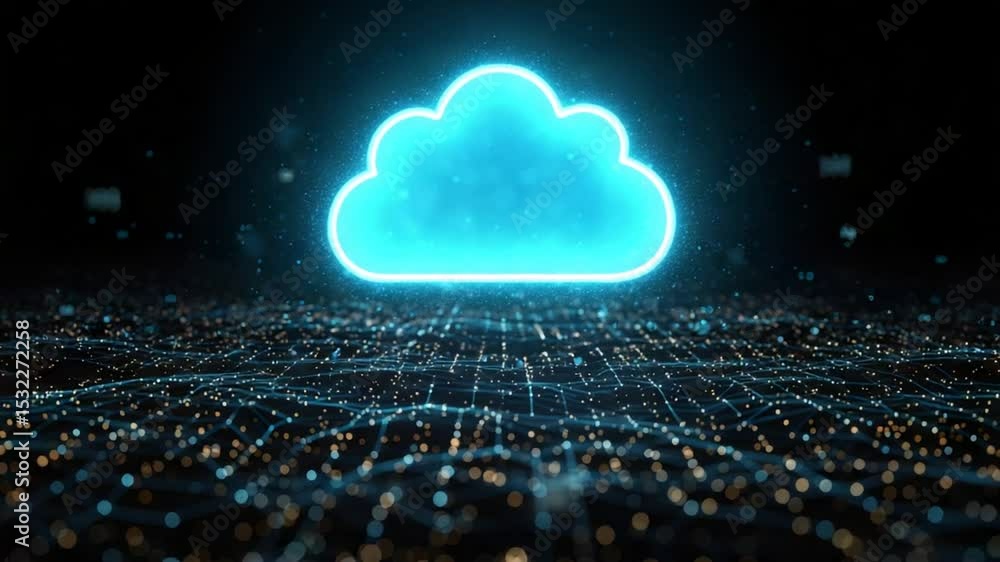 Poster illuminated cloud symbol floating above digital network animation on black