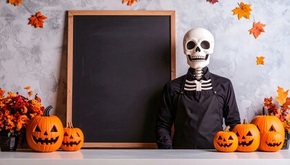Halloween Barista with Skull Skeleton and Pumpkin Decorations